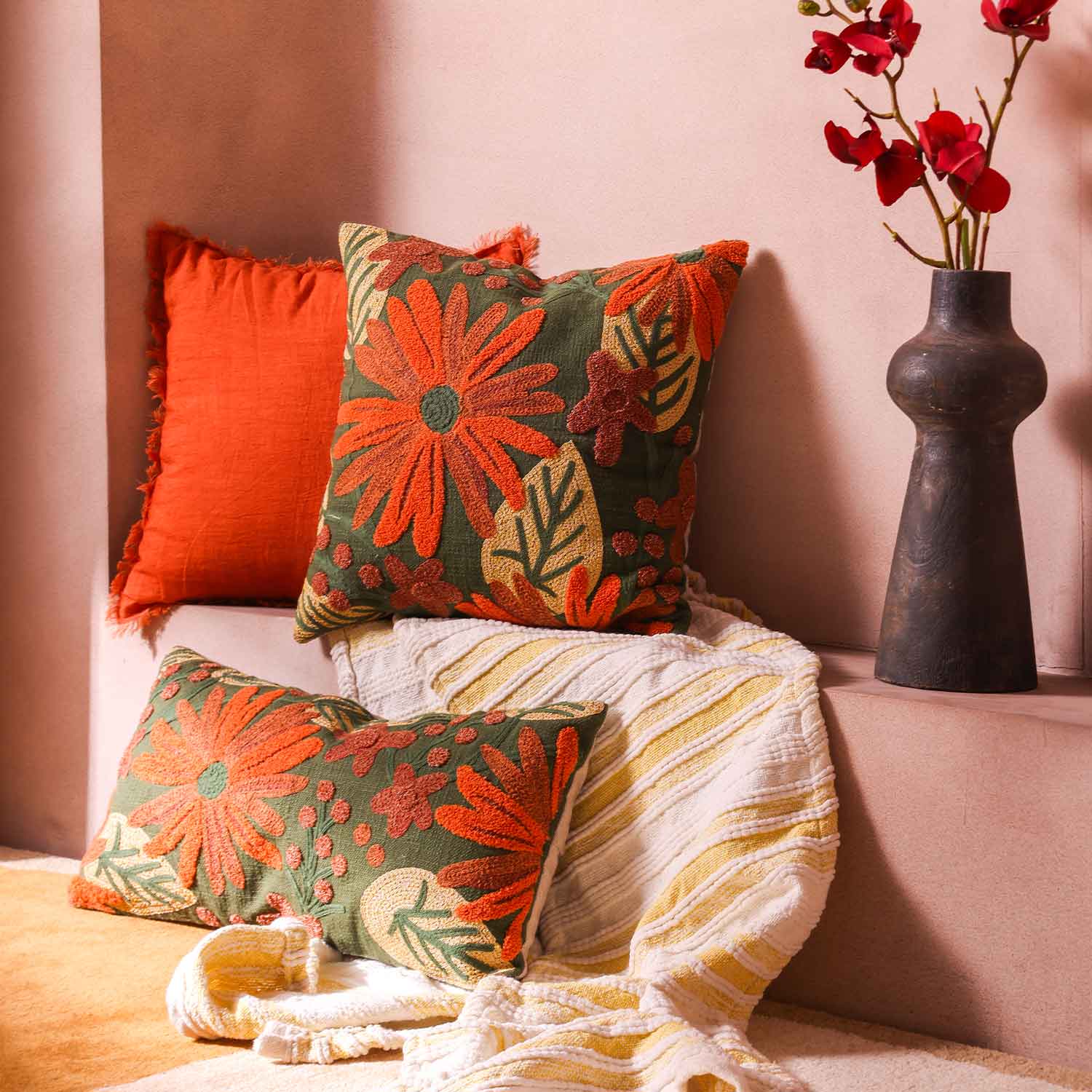 Dandelion Chambray Cotton with Mari Embroidery Lumbar Cushion Cover