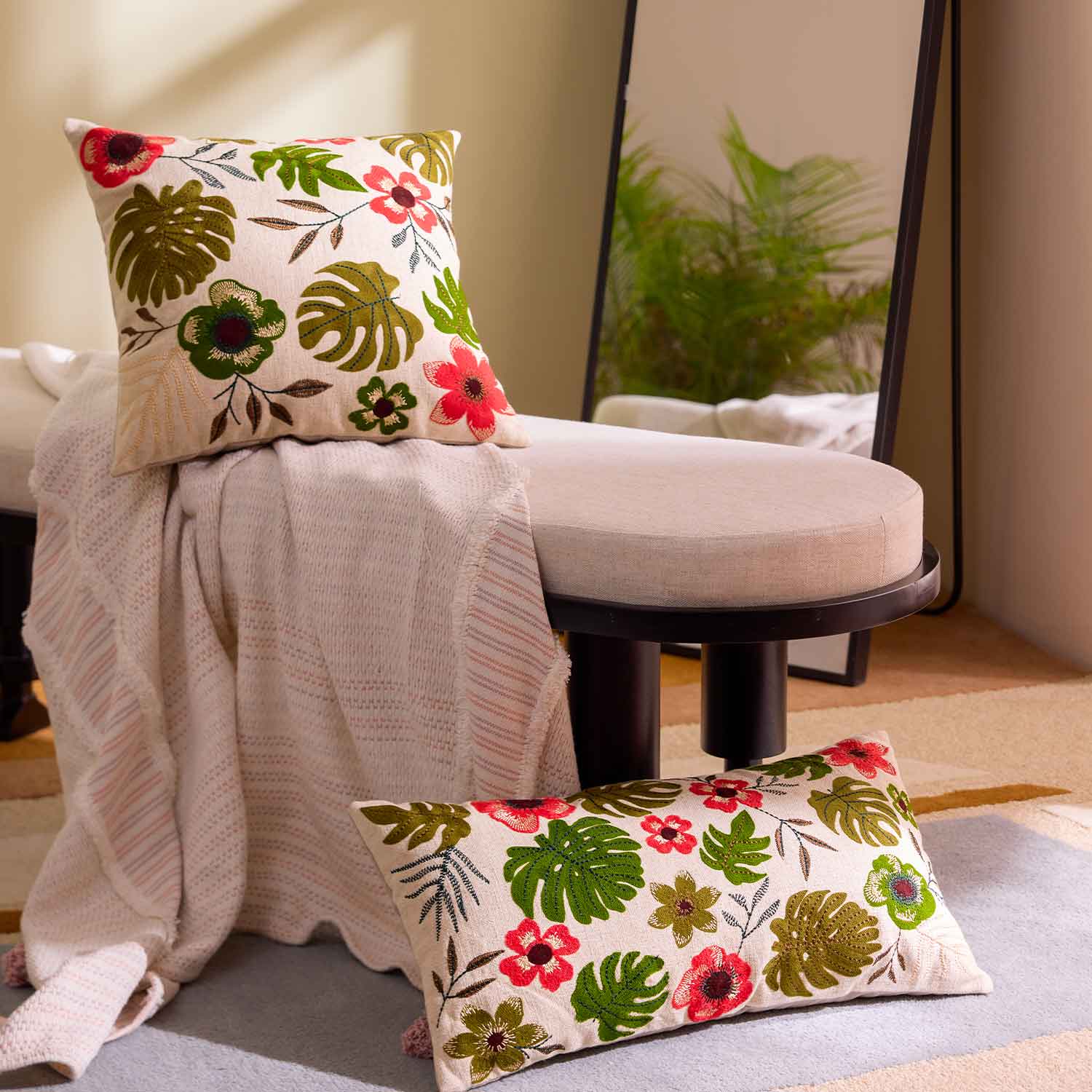 Fern Cotton Slub Embroidered Lumbar Cushion Cover