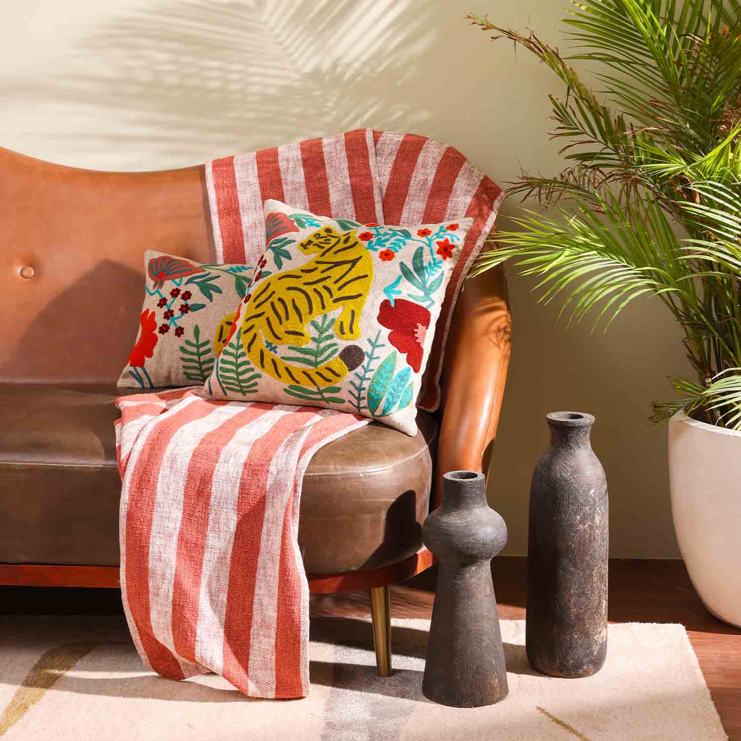 Leopard Chambray Embroidered Cotton Slub Cushion Cover