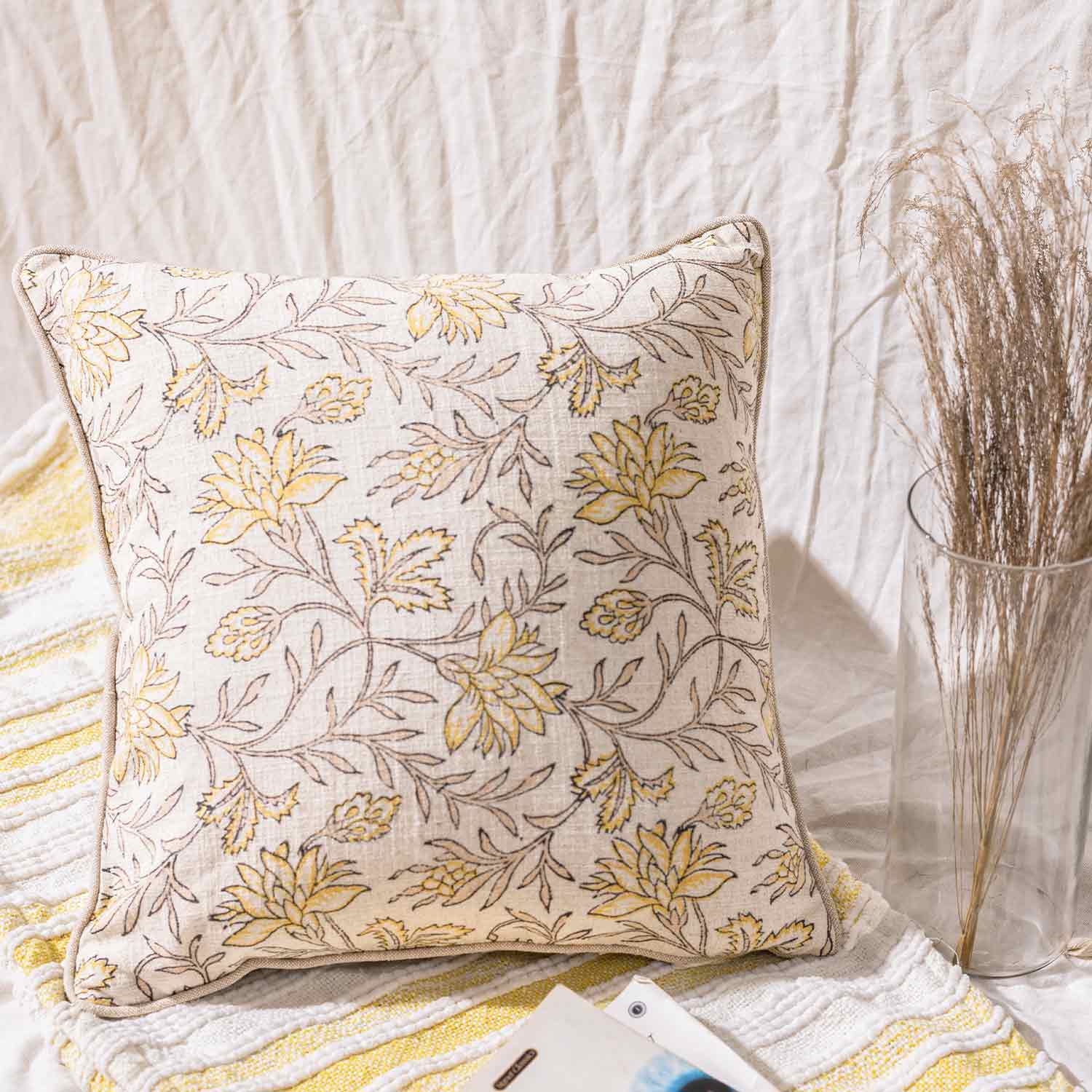 Flora Block Printed Cotton Cushion Cover