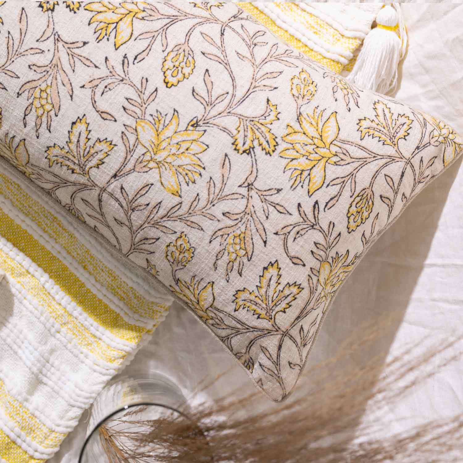 Flora Block Printed Cotton Lumbar Cushion Cover