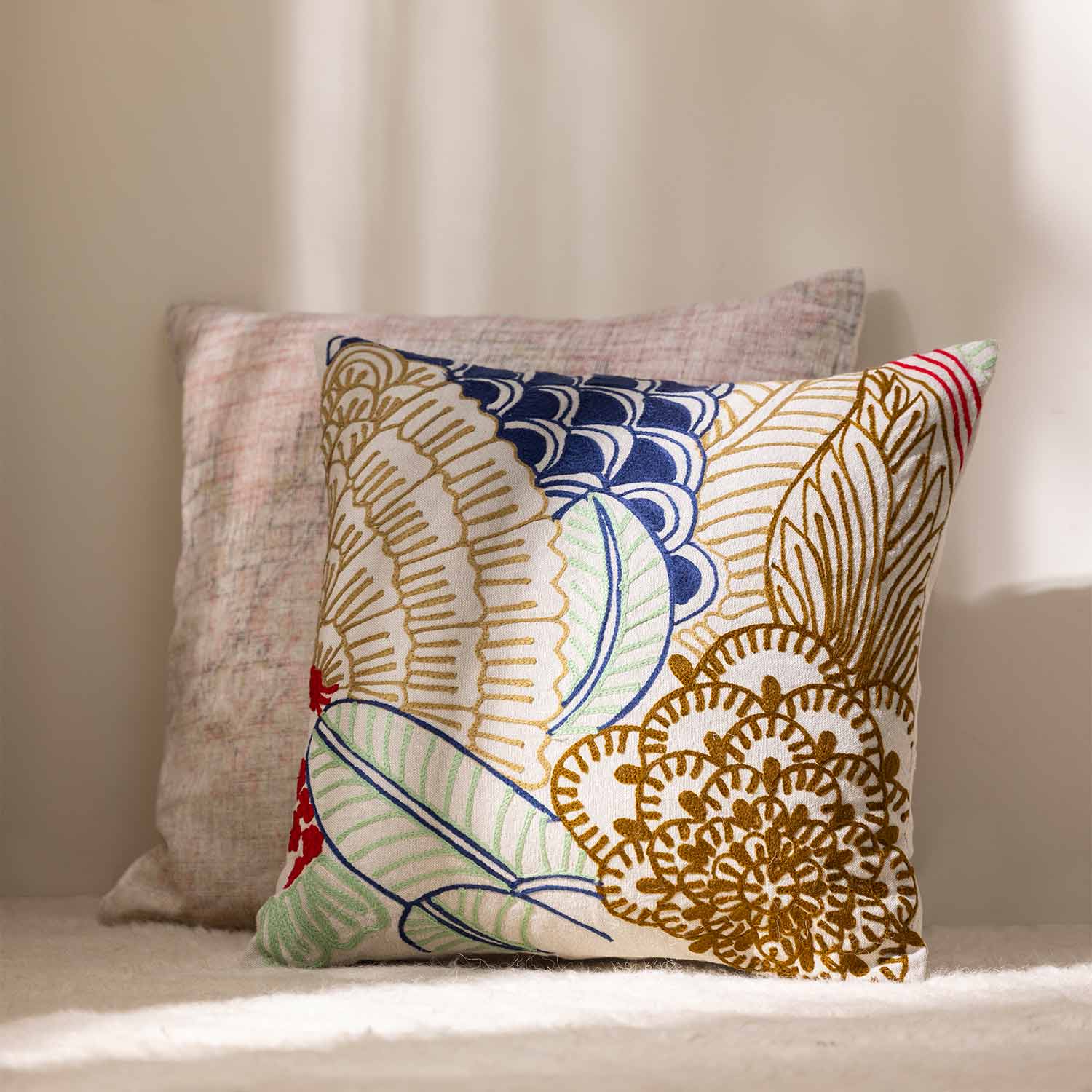 Wildscape Chambray Cotton with Mari Embroidery Cushion Cover