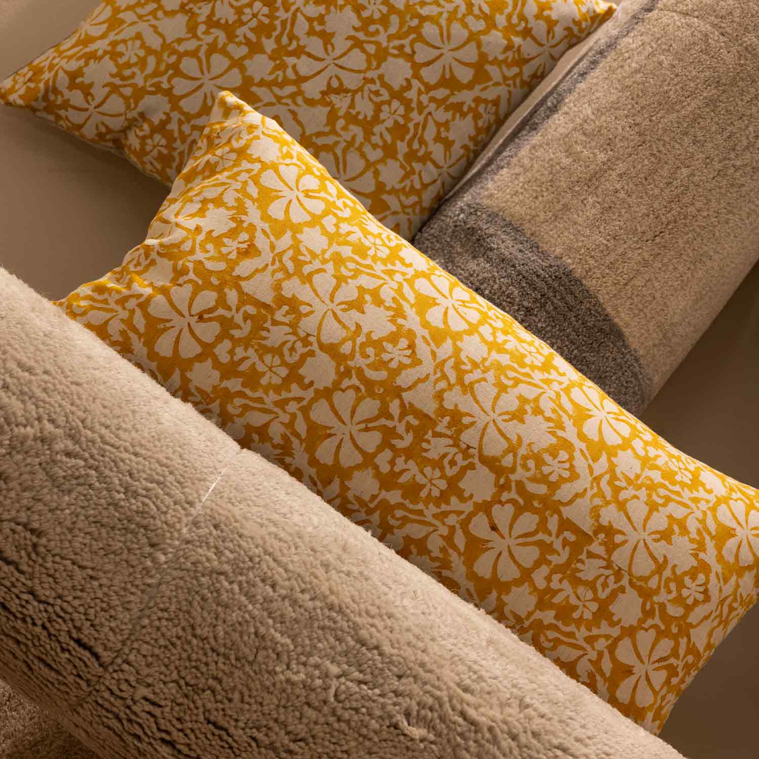 Daisy Block Printed Cotton Lumbar Cushion Cover