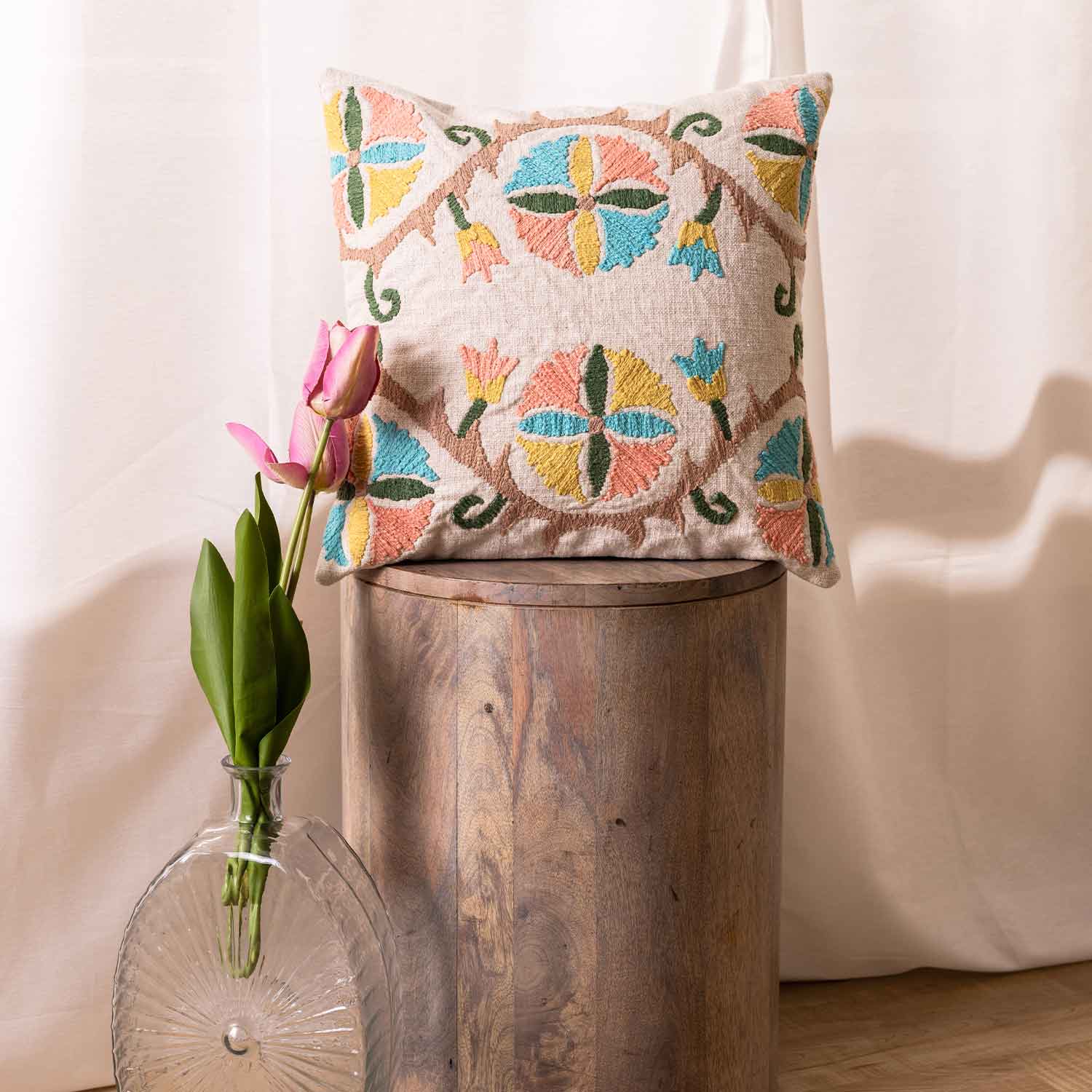 Mehek Chikan Embroidered Cotton Slub Cushion Cover