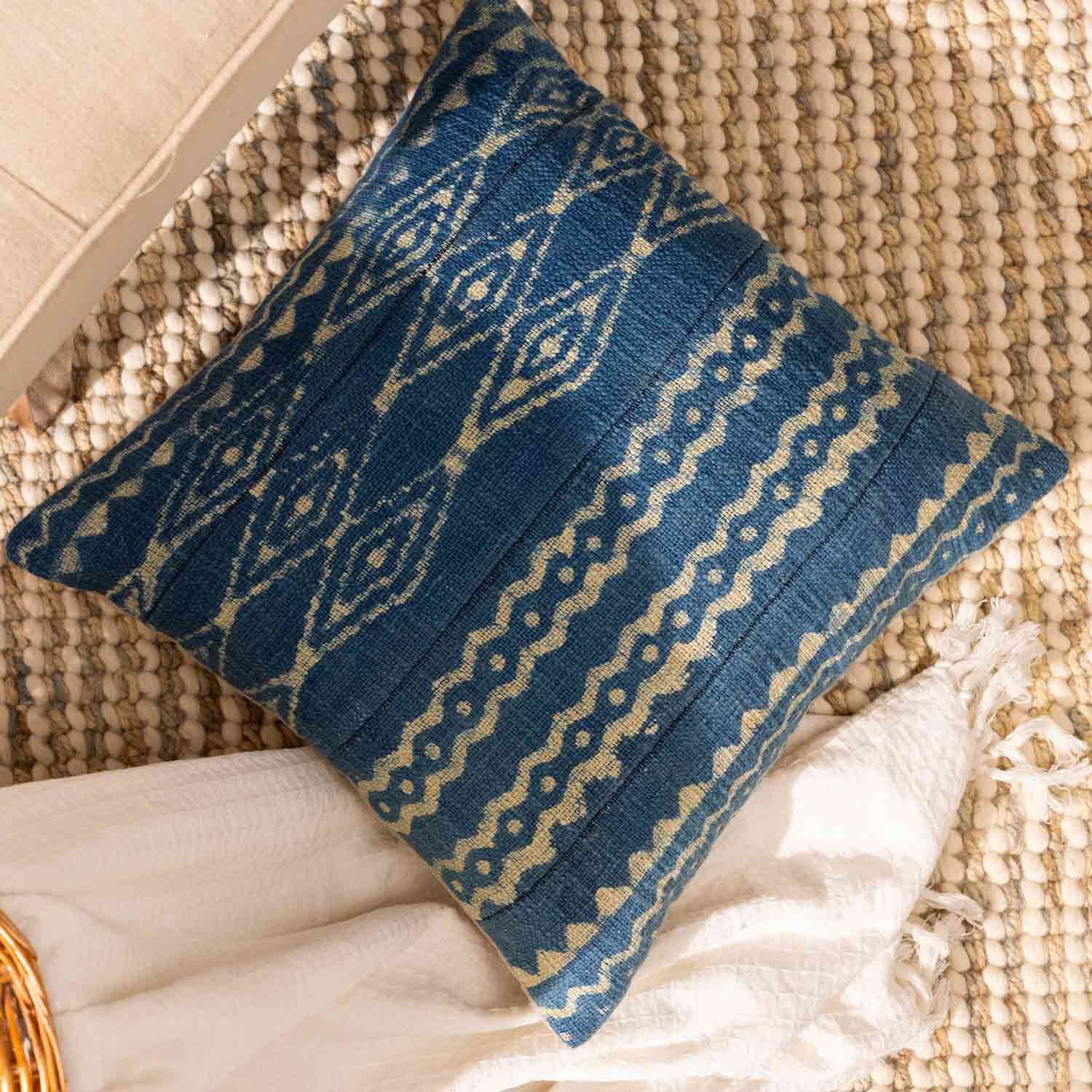 Mosaic Cotton Slub Dabu Block Printed Cushion Cover