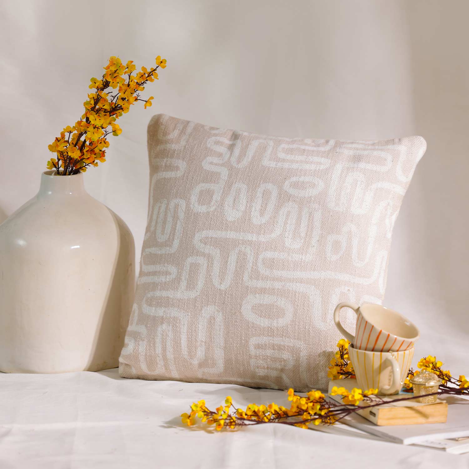 A-Maze Beige Digital Printed Cotton Cushion Cover