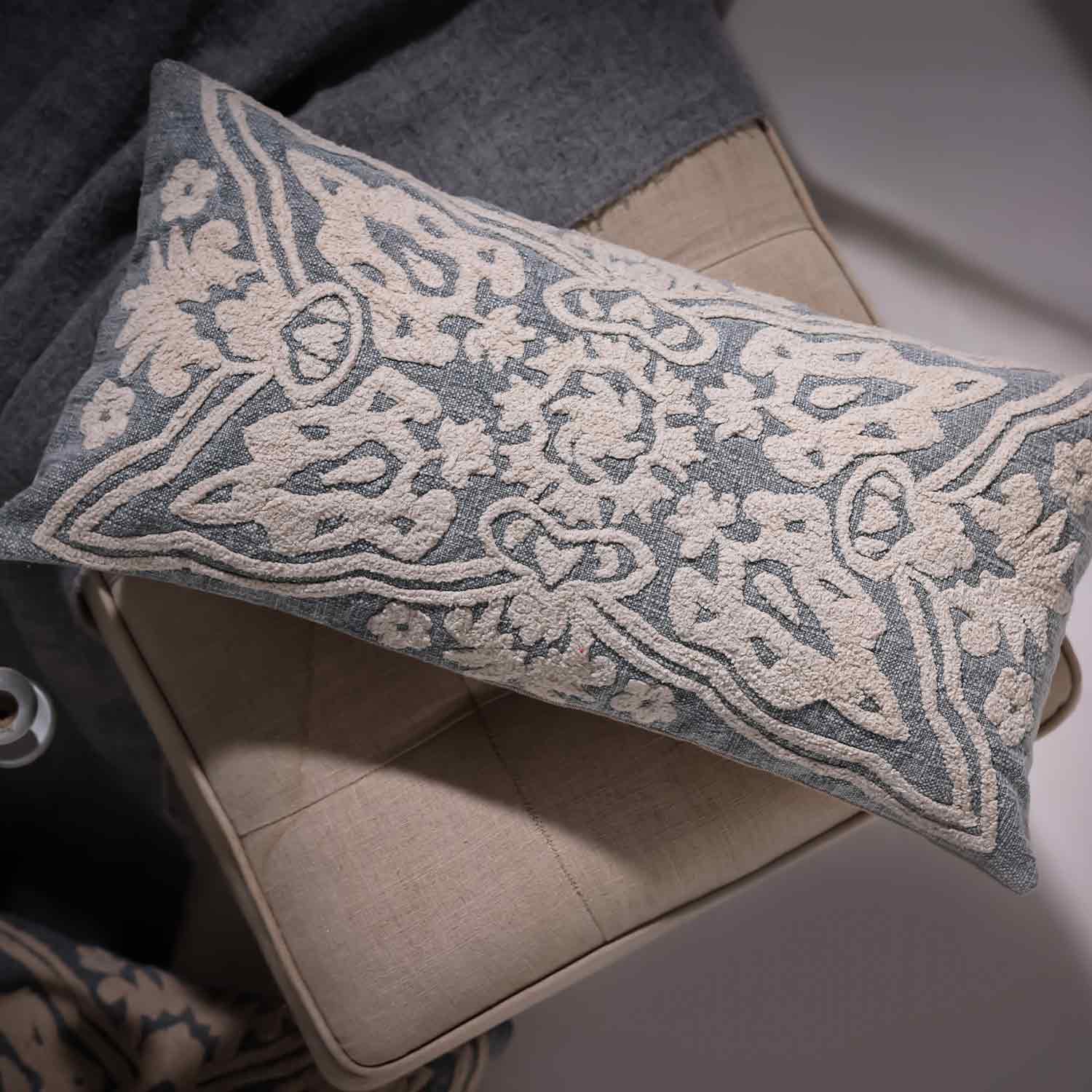 Eliza Chikan Embroidered Cotton Lumbar Cushion Cover