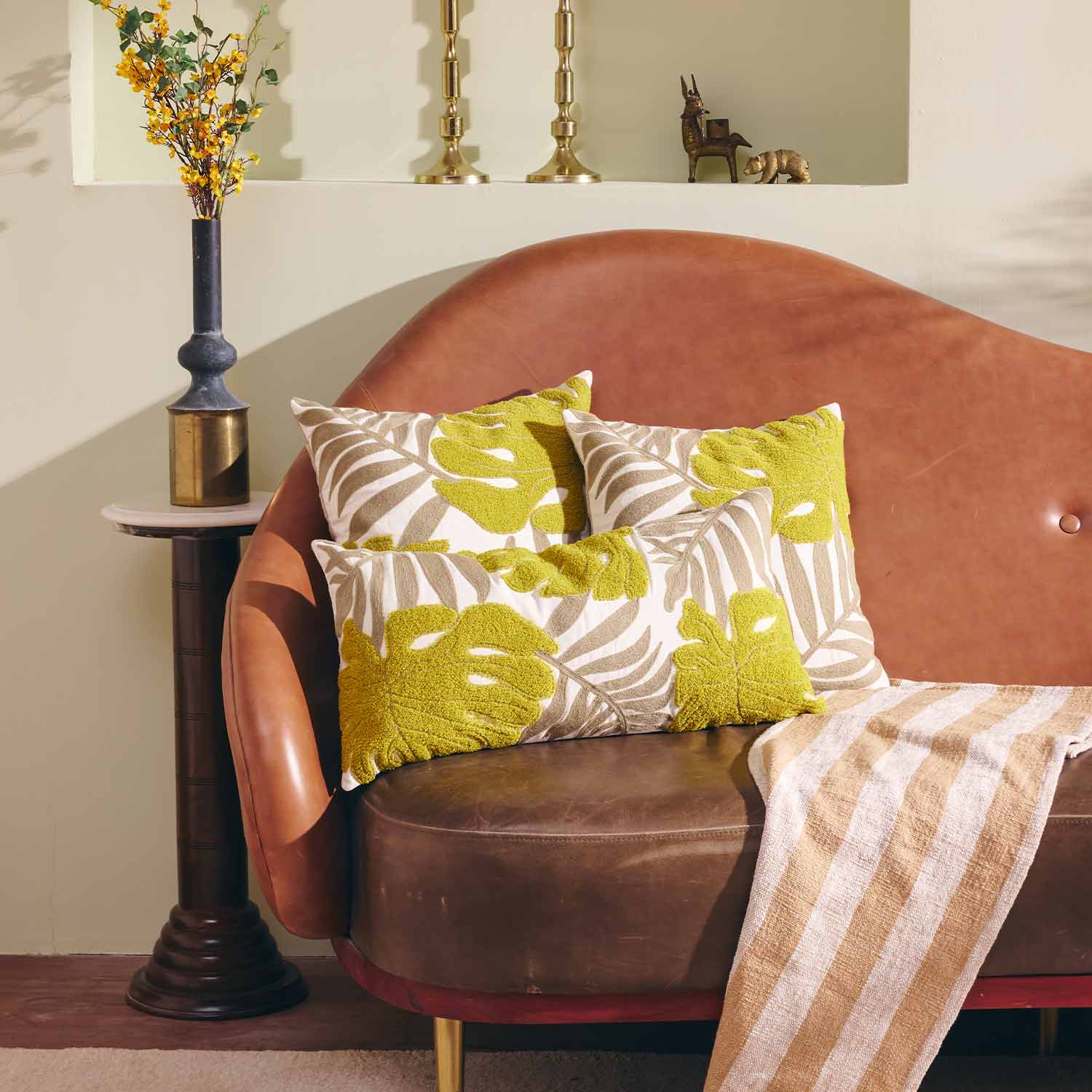 Citrine Cotton Embroidered wih Dori Piping Lumbar Cushion Cover