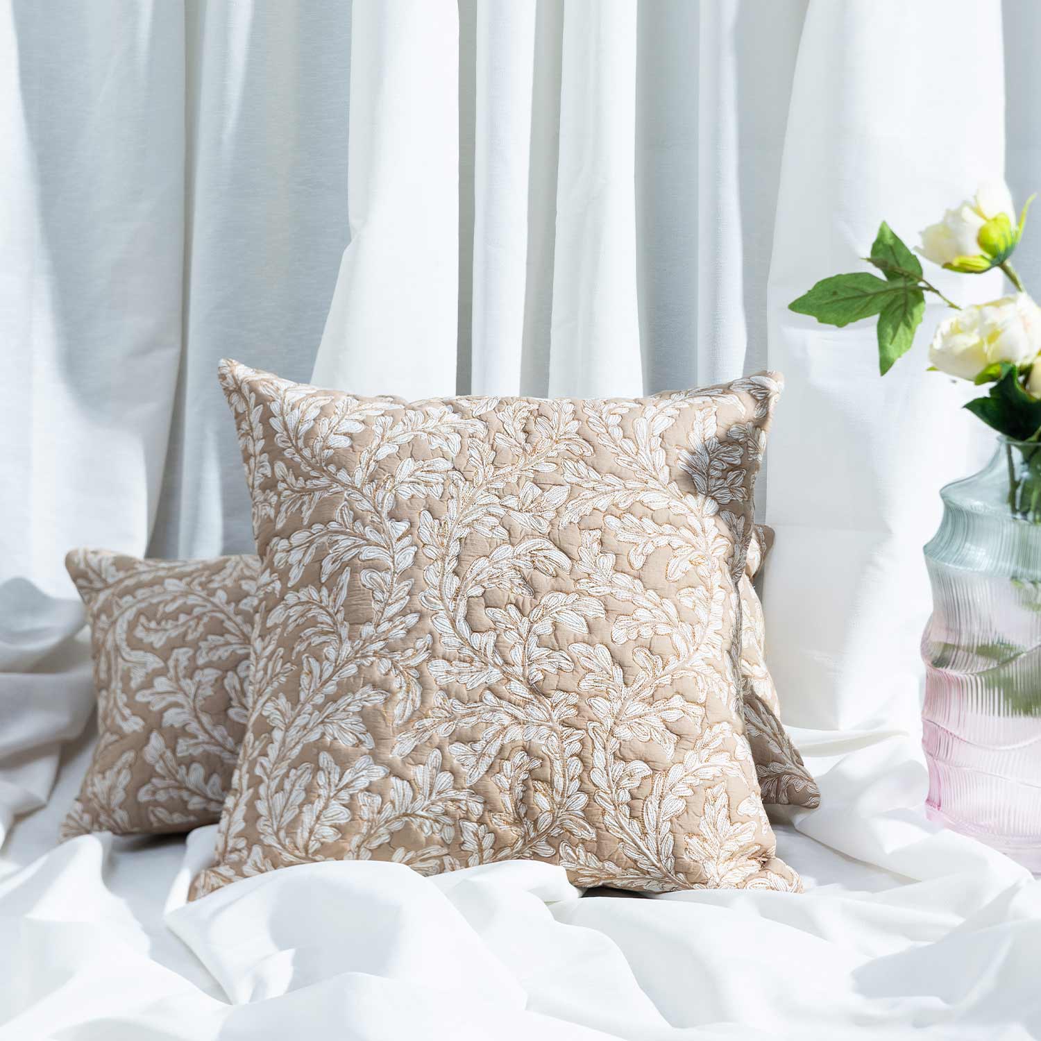 Hand Block Printed And Quilted Leafair Cushion Cover