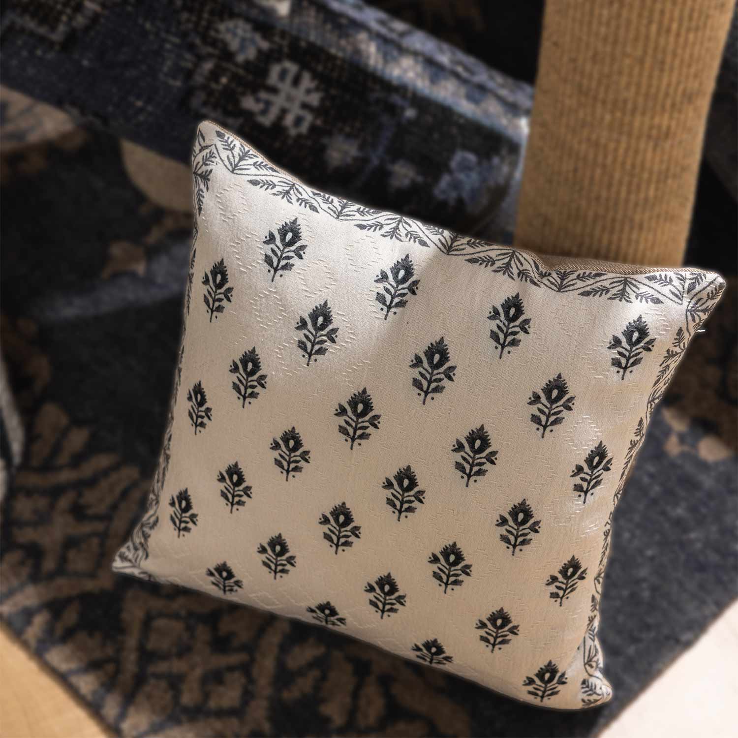 Leaflet Handloom Jacquard Block Printed Cushion Cover
