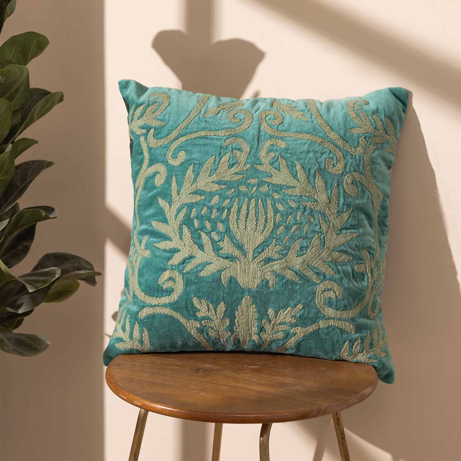 Lotus Embroidered Cotton Velvet Cushion Cover