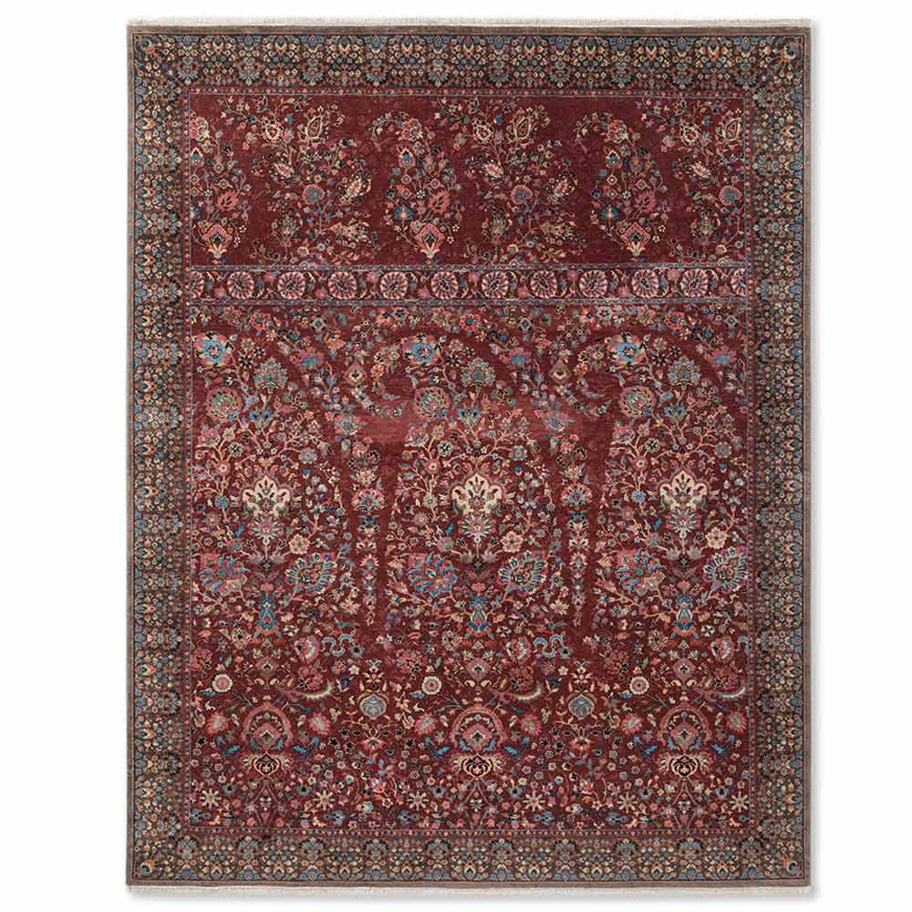 Vasyl Maroon Hand Knotted Silk and Wool Rug By JJ Valaya