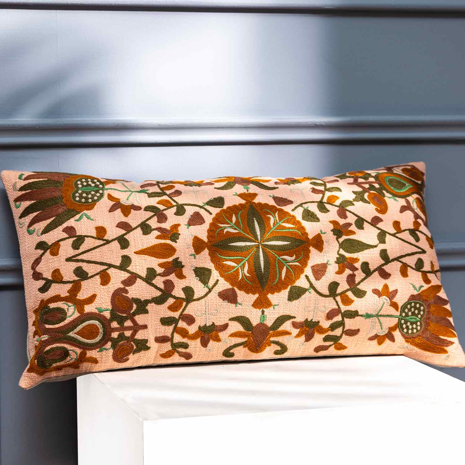 Bukhara Cotton Slub Embroidered Lumbar Cushion Cover