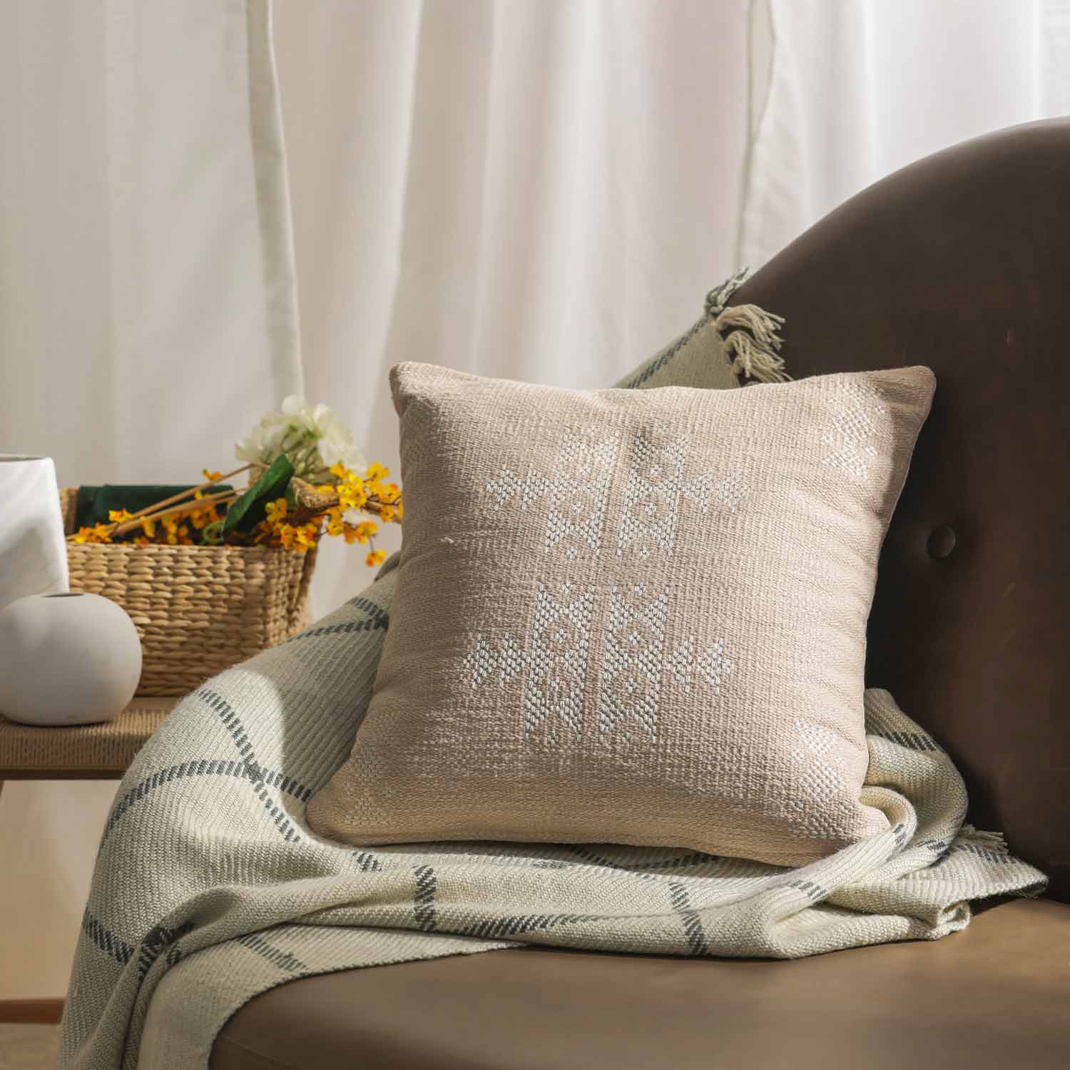 Nazakat Hand Woven Beige Cotton Cushion Cover