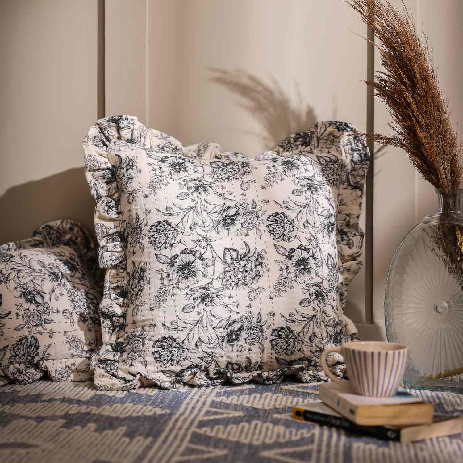 Blossom Digital Print with Kantha Embroidery Cushion Cover