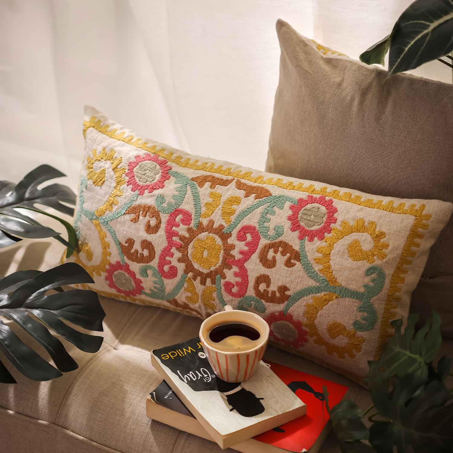 Bohobloom Cotton Linen Machine Embroidered Lumbar Cushion Cover